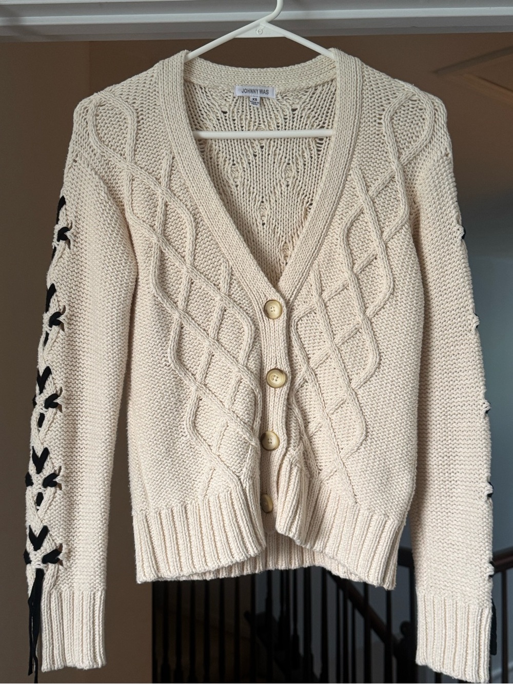 Johnny Was Cream Cable-Knit Lace-Up Sleeve Cardigan